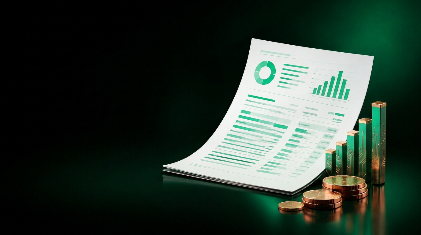 A bank statement transforming into gold charts and an emerald growth arrow